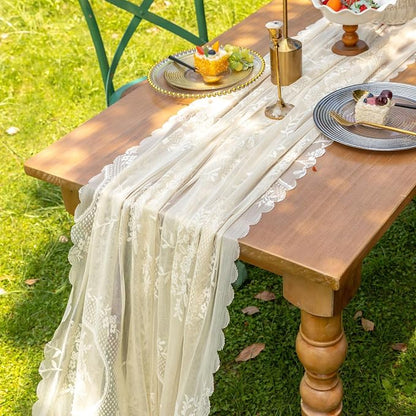 vctops Beige Lace Table Runner 120 inch 10FT Floral Embroidered Boho Farmhouse - Image 4