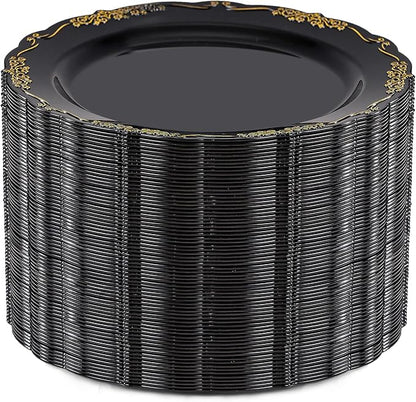 DaYammi 60PCS Black and Gold Plastic Plates, Heavy Duty Black and Gold Disposable Plates Premium 7.5 inch Dessert Cake Salad Appetizer Plate Hard Plastic Plate Disposable for Party Wedding