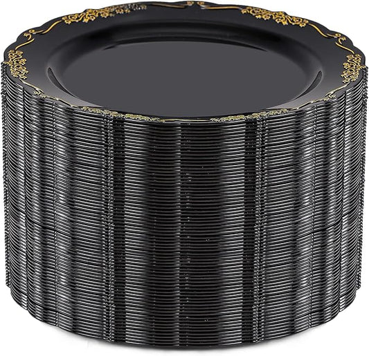 DaYammi 60PCS Black and Gold Plastic Plates, Heavy Duty Black and Gold Disposable Plates Premium 7.5 inch Dessert Cake Salad Appetizer Plate Hard Plastic Plate Disposable for Party Wedding
