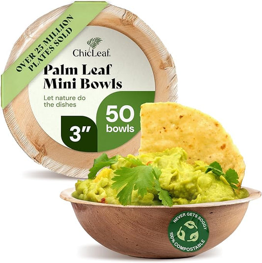 Chic Leaf Palm Leaf Bowls - Mini Disposable Bamboo Bowls for Parties, Event Appetizers - Biodegradable & Compostable Party Supplies (3'' Round - 50 Pack) - Bowl for Romantic Valentine's Table Idea