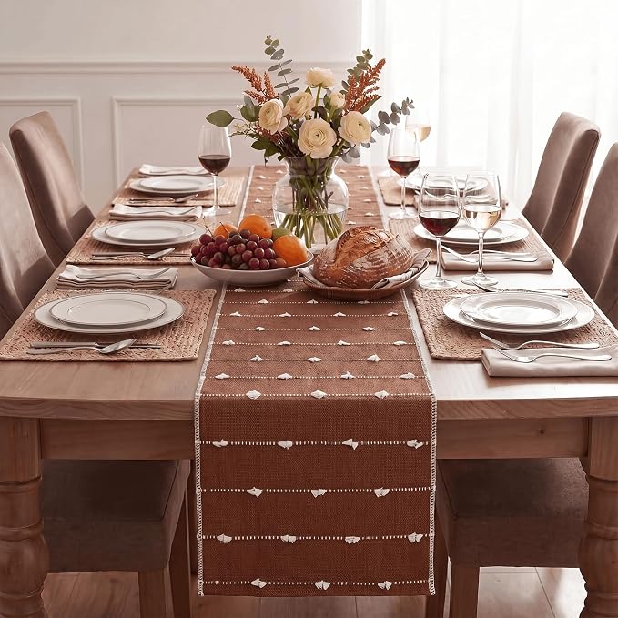 Artoid Mode Caramel Farbic Rustic Cotton Woven Table Runner, Farmhouse Fall - Image 3