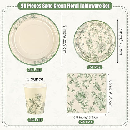 Kochorie 96 Pieces Sage Green Floral Party Supplies Elegant Floral Disposable Tableware Set Includes 9 Inch and 7 Inch Paper Plates, Cups, Napkins Serves 24 Guests for Birthday Baby Shower Wedding