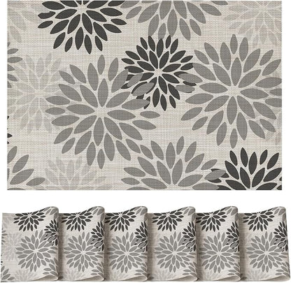 Artoid Mode Floral Vinyl Placemats Set of 6, Heat Resistant Washable Non-Slip Plistic PVC Place Mats for Halloween Party Kitchen Dining Decor, Gray
