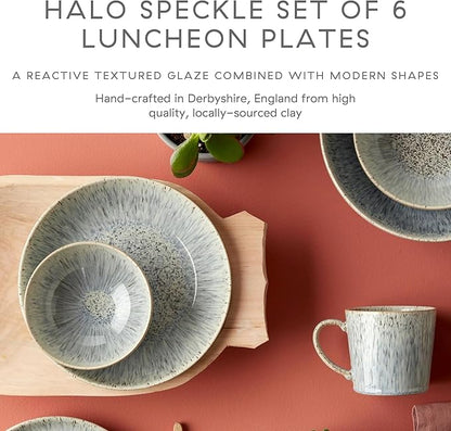 Denby - Halo Speckle Salad Plates Set of 6-8.25 Inch Dishwasher Microwave Oven Safe - Scratch Chip Resistant Lunch, Appetizer, Dessert Plates - Grey, Neutral, Blue Ceramic Stoneware Dinnerware Set