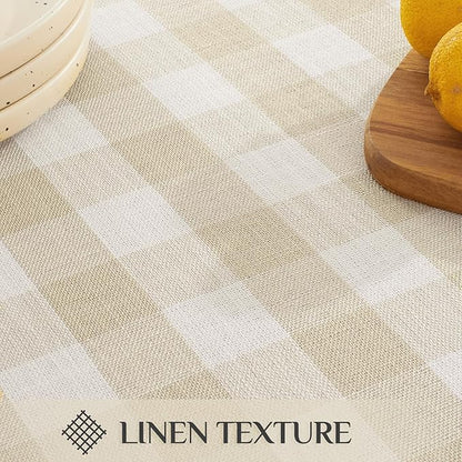 Softalker Checkered Tablecloth Rectangle, Outdoor Linen Cotton Gingham Table Cloth with Tassel, Heavy Duty Wrinkle Free Buffalo Plaid Table Cover for Kitchen Dining Home Party - 55 x 70 Inch, Beige