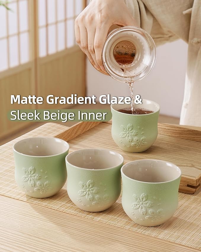 ZENS Japanese Tea Cups Set of 4 – 210ml Ceramic Tea Cups, Gradient Green Glaze - Image 3