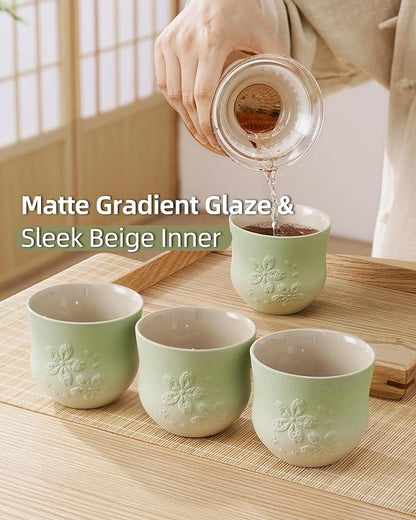 ZENS Japanese Tea Cups Set of 4 – 210ml Ceramic Tea Cups, Gradient Green Glaze - Image 3