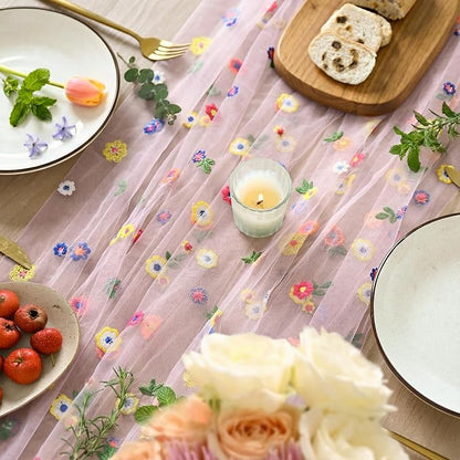 Artoid Mode Pink Embroidery Daisy Gauze Table Runner 120 Inch 10FT | Seasonal - Image 3