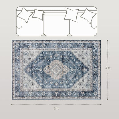 HOMCOM Washable Area Rug, 4'x6' Vintage Indoor Distressed Carpet, Retro Floor Cover Foldable, Floral Print Mat for Living Room, Bedroom, Dining Room, Blue