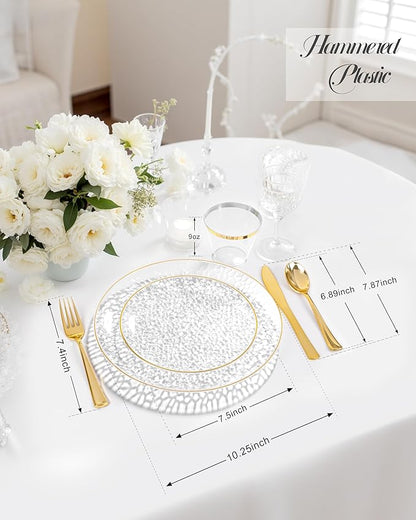 Hioasis 60pcs Clear Plastic Plates - Gold Rimmed Disposable, Hammered, Heavy-duty Dinnerware Set Suitable for 30 Guests, 10.25" Dinner & 7.5" Dessert Plates for Party & Wedding