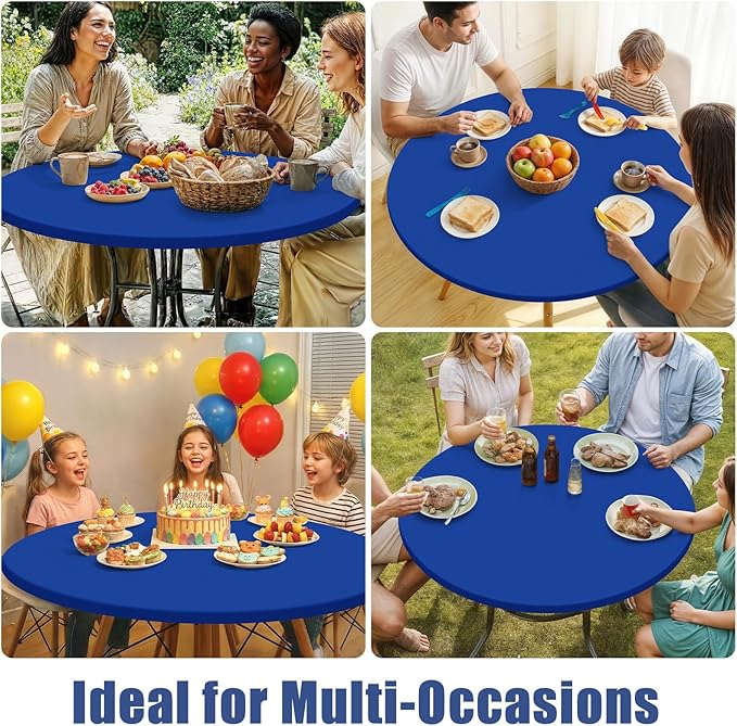 Round Spandex Tablecloth 2 Pack, Elastic Fitted Waterproof Tablecloths for 36"-44" Tables, Stretch Washable Picnic Table Cover for Camping, Dining, Indoor and Outdoor, Blue
