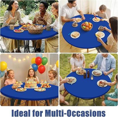 Round Spandex Tablecloth 2 Pack, Elastic Fitted Waterproof Tablecloths for 31"-35" Tables, Stretch Washable Picnic Table Cover for Camping, Dining, Indoor and Outdoor, Blue