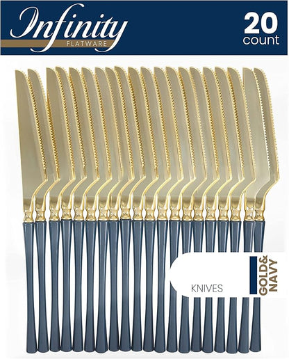 PLASTICPRO 20 Count Gold and Navy Plastic Knives Premium Quality Heavy Duty Disposable Elegant Silverware Two Tone Knives for Party
