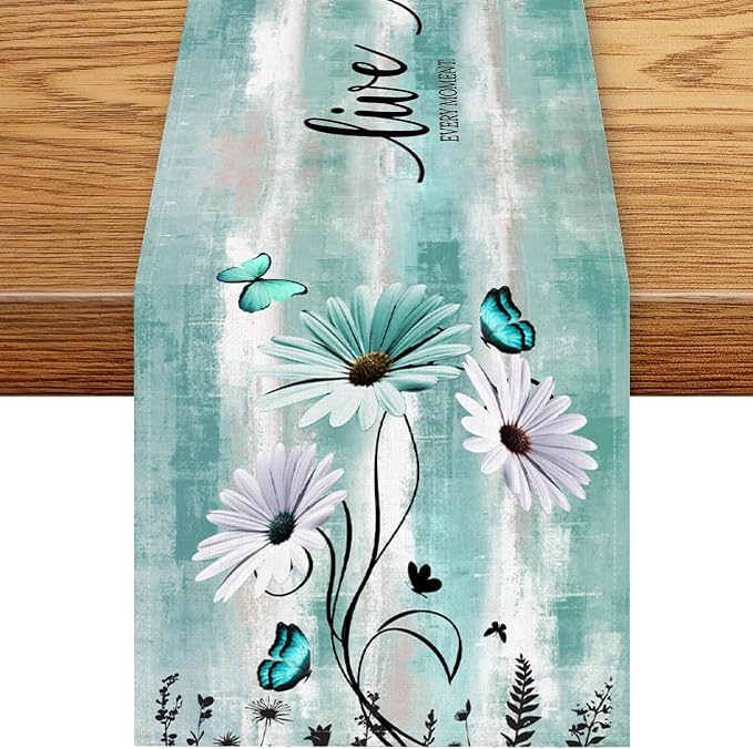 Daisy Floral Table Runner, Spring Summer Teal Floral Flower Boho Butterfly by Unknown