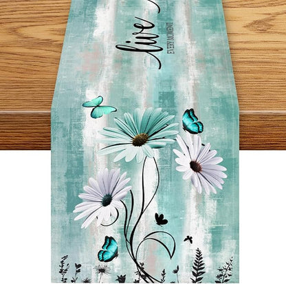Daisy Floral Table Runner, Spring Summer Teal Floral Flower Boho Butterfly by Unknown