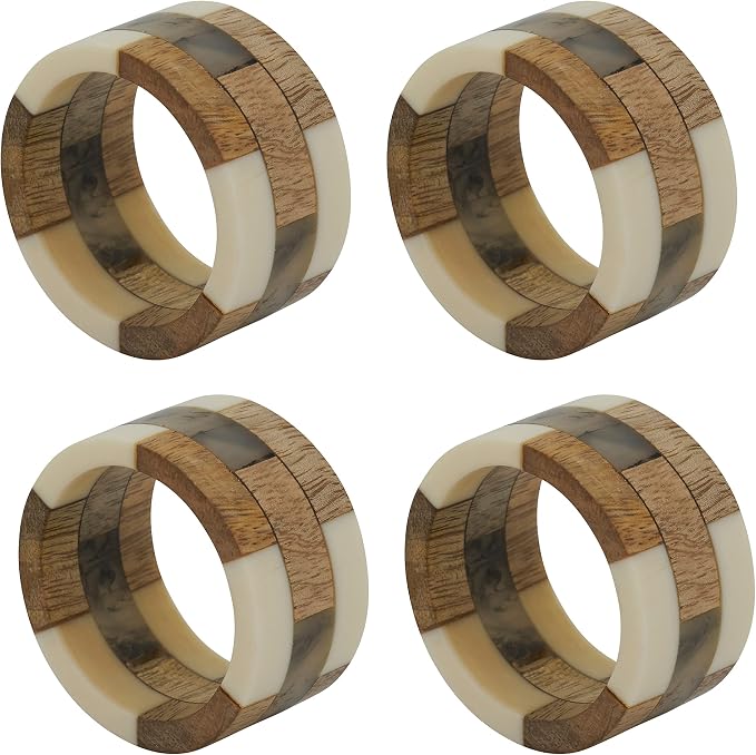 SARO LIFESTYLE Mango Wood & Resin Napkin Rings – Modern Block Pattern - Image 2