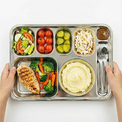 Korean Stainless Steel Divided Plates with Cutlery Slot for Adults, Premium 304, Electro-Polished, No Black Residue, BPA-Free, XL 8-Compartment Food Tray, Camping, Set of 2