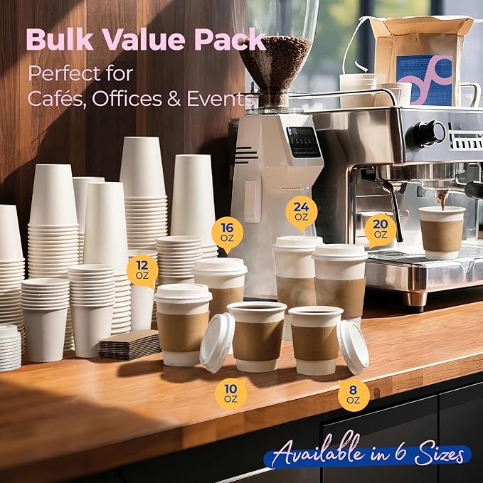 Fit Meal Prep 100 Pack 12 oz Disposable Coffee Cups with Lids, Sleeves, Leak-Proof To Go Coffee Cups with Lids, Durable Hot Paper Cups for Hot Cocoa and Coffee Bar Supplies