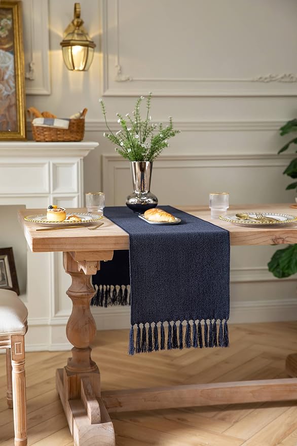 Navy Table Runners 60 Inches Long, Burlap Linen Style Rustic Farmhouse Table - Image 3