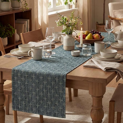 Artoid Mode Navy Blue Cross-Star Textured Table Runner, Seasonal Waterproof - Image 5