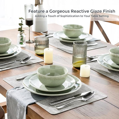 AmorArc Ceramic Dinnerware Sets for 6, 18 Pieces Handpainted Plates and Bowls Set, Scratch Resistant Stoneware Dishes Set, Dishwasher & Microwave Safe, Olive Green