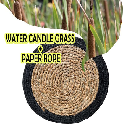ANDSTAR Round Woven Placemats Set of 6, 12"x12", Natural Wicker Placemats, Water Hyacinth Straw Braided Placemats,Boho Place Mats for Farmhouse, Rustic Table (Water Hyacinth + Black Cotton Rope)