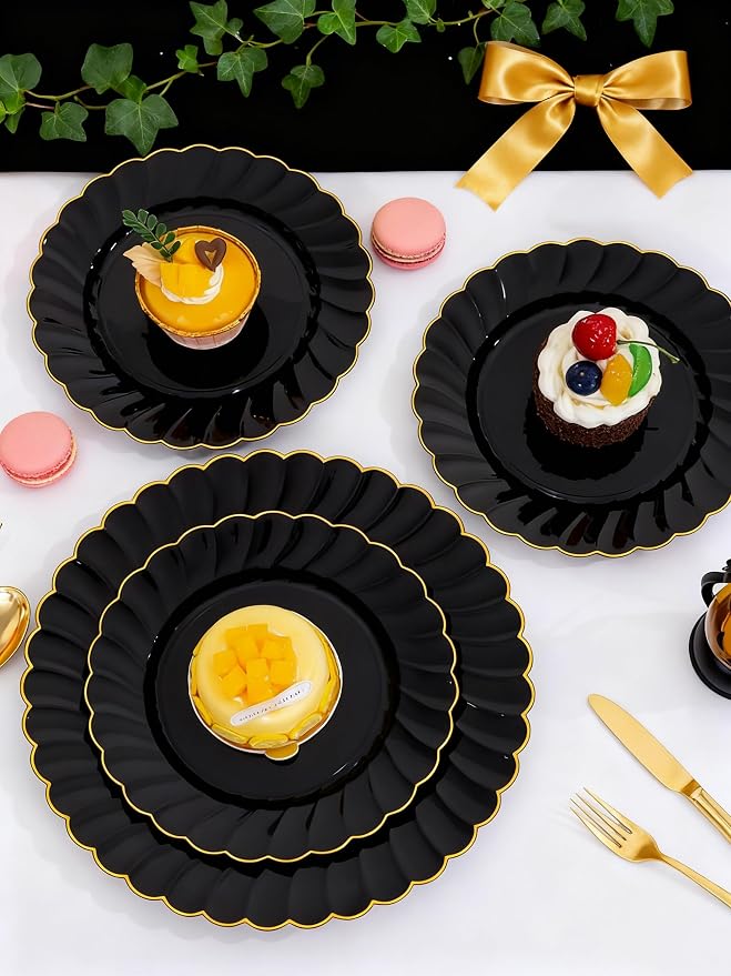 YOUBET 60PCS Black Scalloped Plastic Plates - Image 8