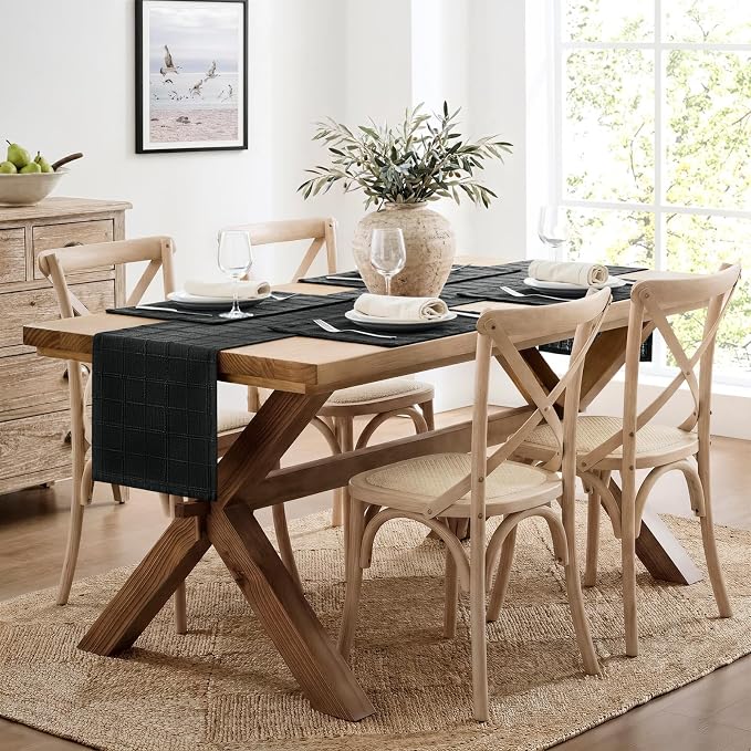 Linen Checked Farmhouse Table Runner, 13x60 Inches Black | Raised Grid Design - Image 3
