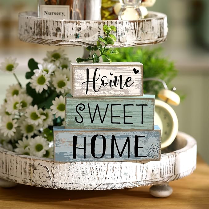 Moucuny 4 Pcs Farmhouse Wooden Table Decor Rustic Home Sweet Home Stacked - Image 2