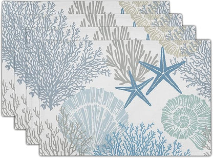 aportt Nautical Placemats Set of 4 Starfish Beach Theme Ocean Seashell Washable Non-Slip Heat Resistant 12×18 Inch Coastal Summer Thick Place Mats Decorative Linen Fabric Table Mat for Dining (FF)