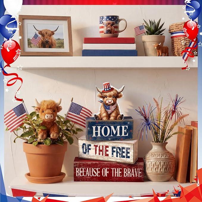 Moucuny 4 Pcs 4th of July Decorations Patriotic Highland Cow Wooden Block Sign - Image 4