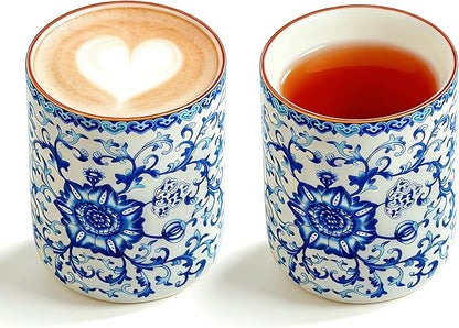 Blue and White Floral Porcelain Tea Cups Set of 2 | No Handle, Bone China by CmengAo
