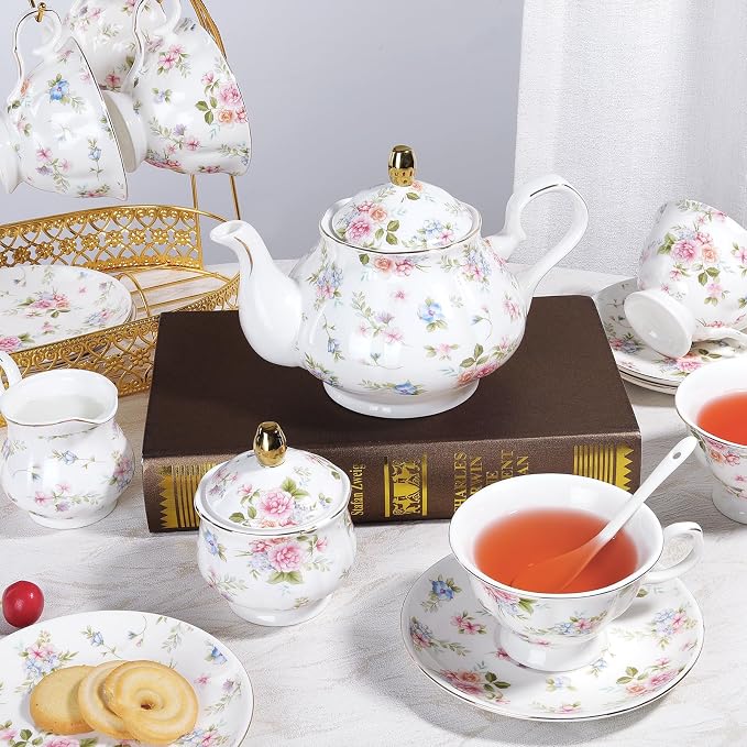 fanquare 21 Pieces Pink Blue Floral Porcelain Tea Set - Image 5