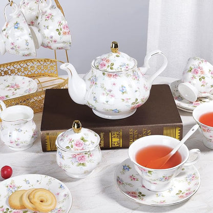 fanquare 21 Pieces Pink Blue Floral Porcelain Tea Set - Image 5