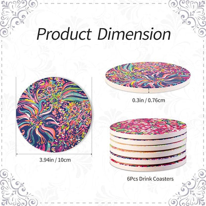 KAMMAK Boho Style Coasters Set of 6 with Cork Base,4in Absorbent Ceramics Art Coaster, Drink Coasters Round Ceramic Table Coasters Set for Decorative, Coffee Cup, Beverage, Wine, Beer, Bar