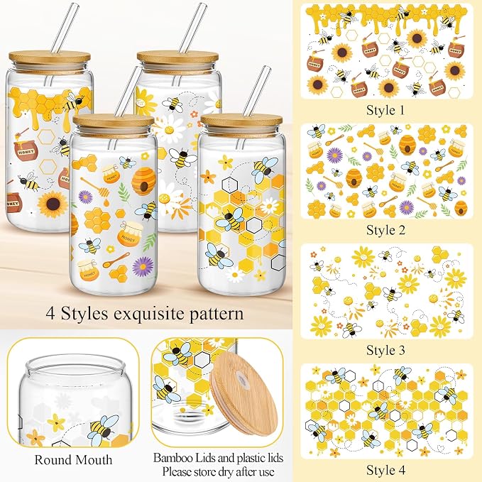 Mumufy 4 Pack Wildflower Glass Cups Gift Aesthetic Cute Glass Cup Tumbler - Image 3