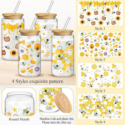 Mumufy 4 Pack Wildflower Glass Cups Gift Aesthetic Cute Glass Cup Tumbler - Image 3