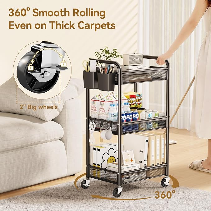 3 Tier Metal Rolling Cart, Art Workspace, Bedside Storage - Image 5