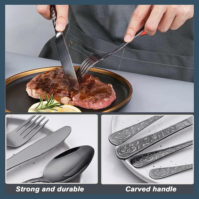 Runfly Vintage Carved Black Stainless Steel 20-Piece Flatware Set | Silverware - Image 5