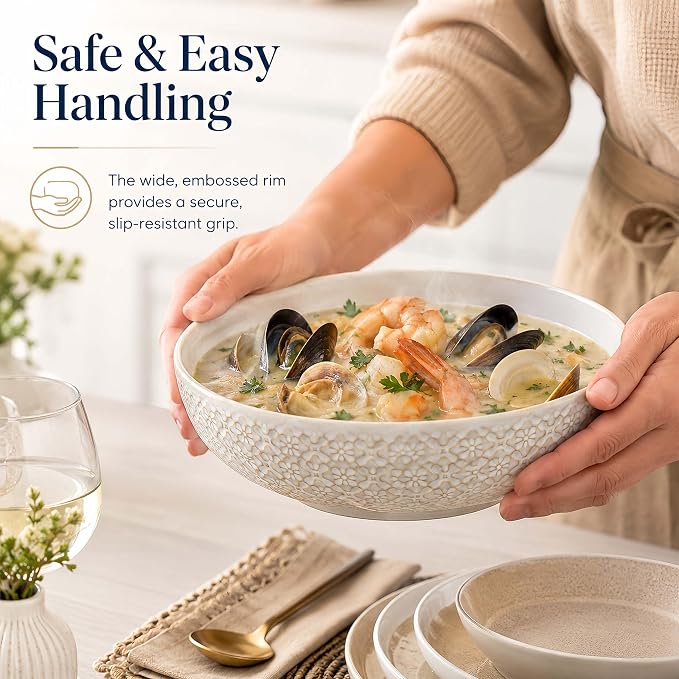 8 inch Pasta Bowls, 22 Oz Ceramic Serving Bowls Set of 4, Embossed Porcelain - Image 8