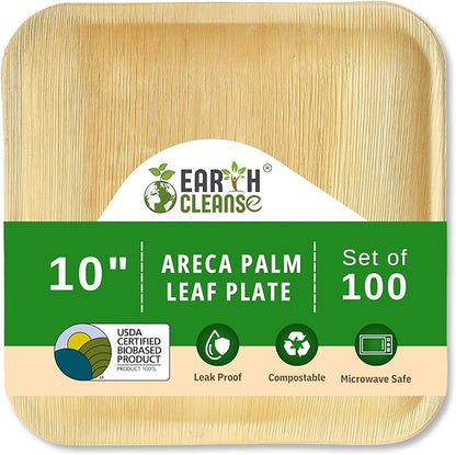 Compostable Palm Leaf Plates 10 Inch Square (100 Pack) | Disposable Biodegradable Plates Like Bamboo & Wooden | Microwave & Oven Safe | Eco-Friendly