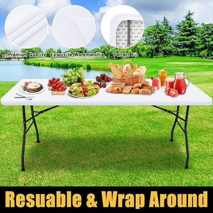 Smiry Rectangle Picnic Table Cloth, Waterproof Elastic Fitted Tablecloths for 6 Foot Tables, Washable Polyester Table Cover for Camping, Indoor and Outdoor (White, 30"x72")