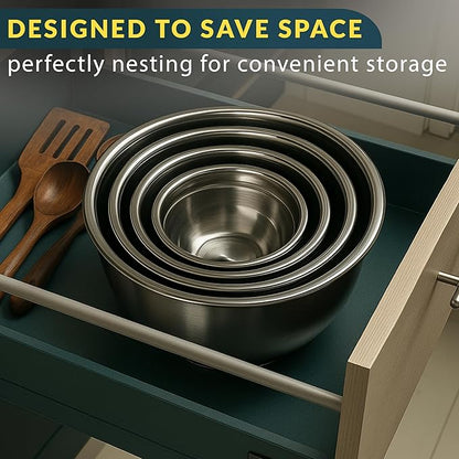 Baker's Signature Stainless Steel Mixing Bowls With Lid, Metal Mixing Bowl Set Of 5, Nesting Set For Food Prep, Baking,Storage, Cooking, Serving | Dishwasher Safe, 0.5/1.5/3/4/5 Qt