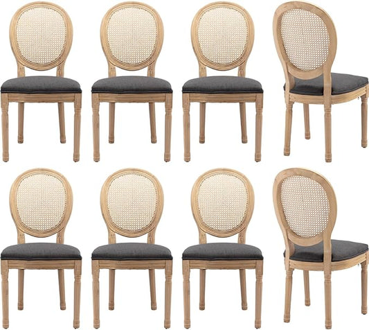 Vintage French Rattan Dining Chairs Set of 8, Solid Wood Frame with Round Rattan Back and Linen Upholstered Seat, Farmhouse Accent Sillas de Comedor Side Chairs for Dining Room & Kitchen, Gray
