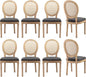 Vintage French Rattan Dining Chairs Set of 8, Solid Wood Frame with Round Rattan Back and Linen Upholstered Seat, Farmhouse Accent Sillas de Comedor Side Chairs for Dining Room & Kitchen, Gray