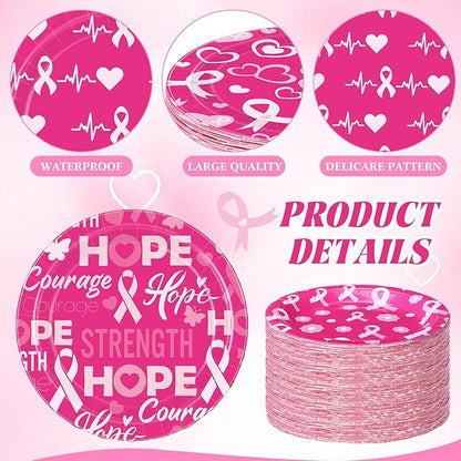 60 Pcs Breast Cancer Awareness Decorations 7 Inch Pink Ribbon Survivor Paper Plates Disposable Party Supplies Hope Love Cure Plates for Breast Cancer Awareness Month Women Charity Activities
