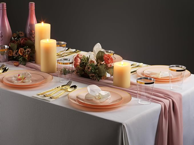100 Pink Gold Plastic Plates Set, Elegant Fancy Heavy Duty - Image 3