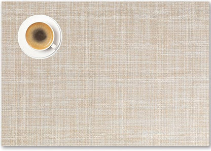 Placemats Set of 6 - Easy Clean Woven Vinyl Placemat for Dining Table, Indoor/Outdoor Place Mats, Washable PVC Table Mats（Beige）