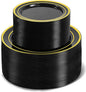 200 PCS Black and Gold Plastic Plates, Party Black Disposable Plates Include 100 10 inch Dinner Plate and 100 7 inch Dessert Plate,black gold rim plates Perfect for Party & Wedding