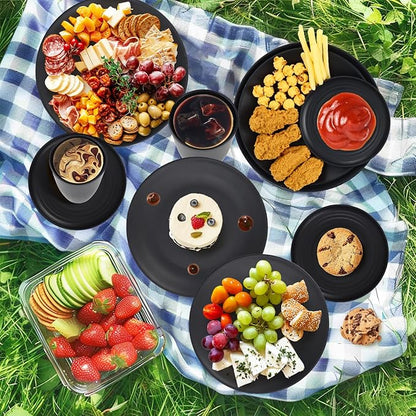 Wrova Wheat Straw Dinnerware Set of 40 Pieces - 10" & 9" Plates, 6" Snack Plates, 26oz & 12oz Bowls & Cups - Unbreakable, Microwave & Dishwasher Safe - Black